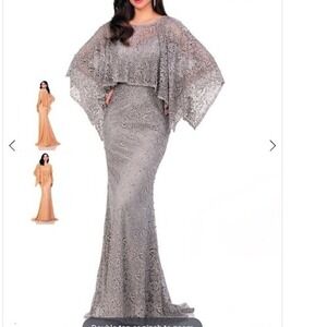 Lucci Lu Gray Embellished Lace Overlay Cape Formal Gown Evening Dress 4W‎